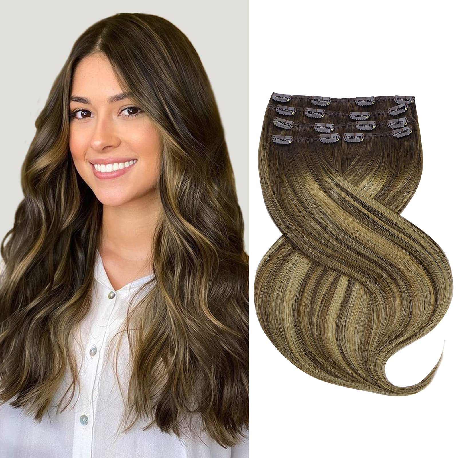 Marat Clip in Human Hair Extensions 18 Inch 120g - Balayage Chocolate Brown to Caramel Blonde Straight Hair Weft for Women | Perfect for Parties, Weddings & Daily Styling
