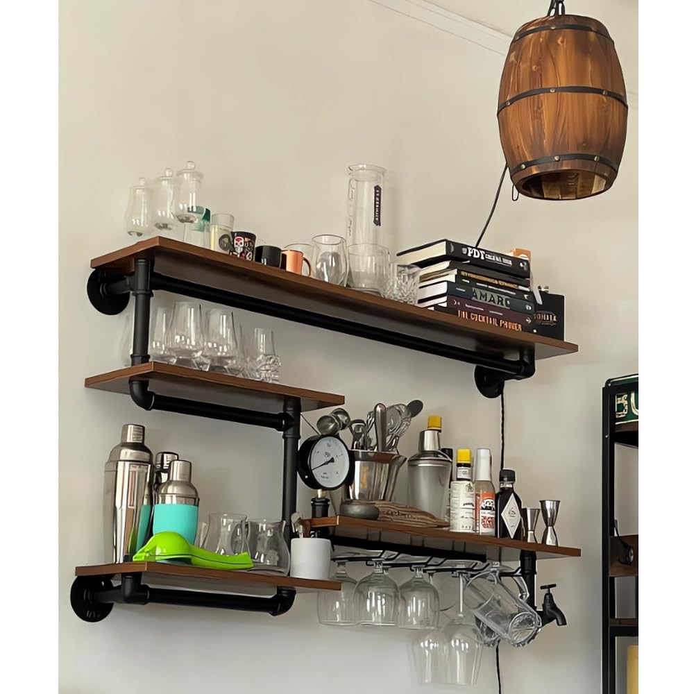 Industrial Pipe Shelves Wine Rack - 39in Wall Mounted Metal Hanging Shelf with 4 Stem Glass Holder, Rustic Floating Pipe Shelf for Living Room, Kitchen, Bar Decor - Perfect for Wine Storage, Glass Display & Home Organization