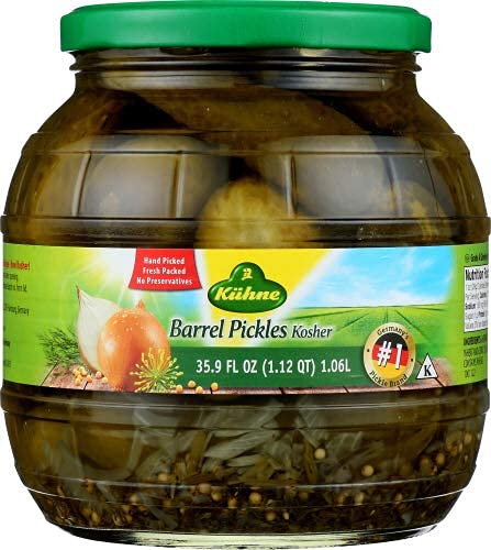 Kuhne Kosher Barrel Pickles - 35.9 fl oz (Pack of 2) - Authentic German Dill Pickles with Onions & Mustard Seeds - Perfect for Sandwiches, Burgers & Charcuterie Boards
