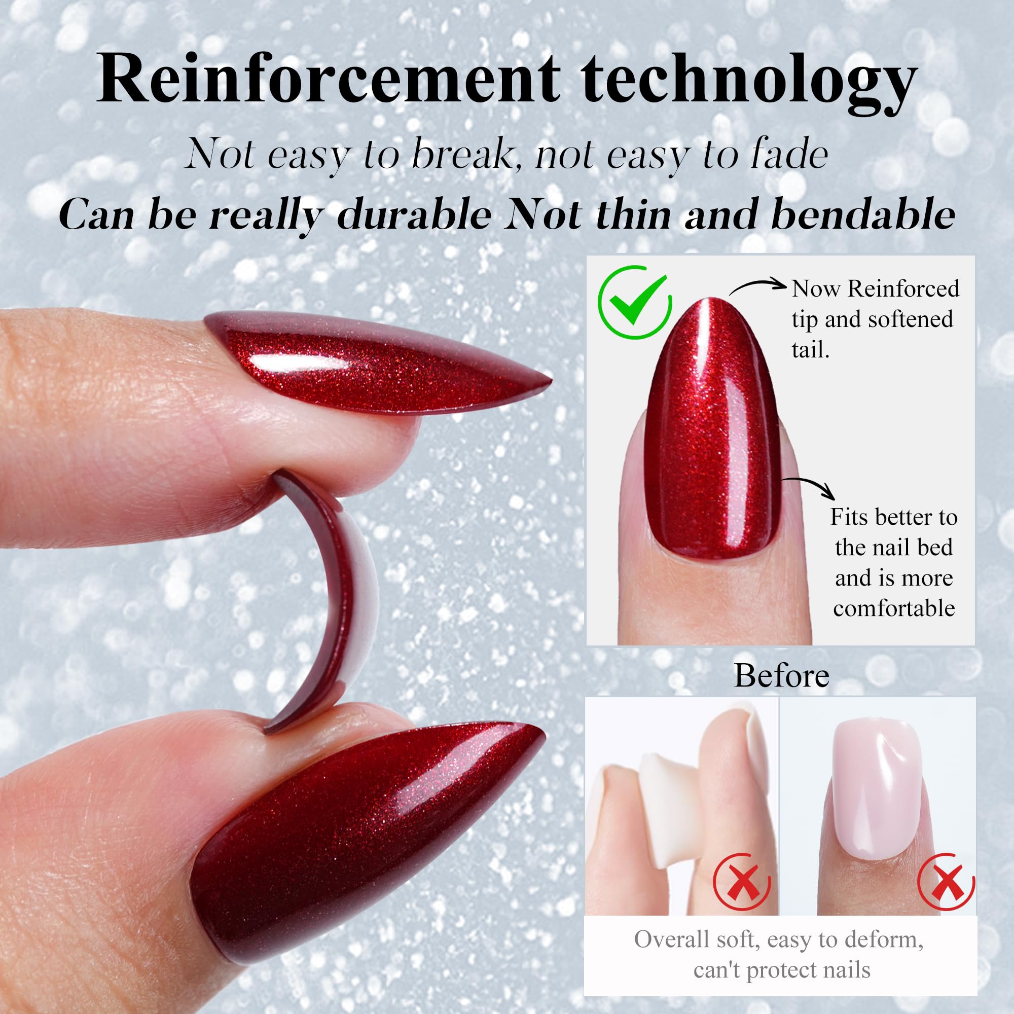 Jofay Fashion Short Almond Press on Nails - 5 Styles Valentines Red Cherry Glaze Glitter Acrylic Fake Nails, Reusable Full Cover Stick on Nails for Women, 32 Sizes - Perfect for Parties, Dates & Special Occasions