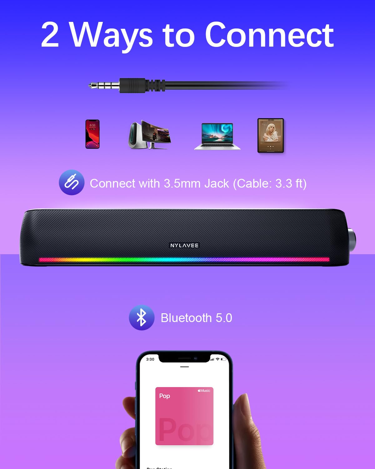 Premium Computer Speakers with Hi-Fi Sound - Bluetooth 5.0 & Wired 3.5mm PC Sound Bar | 4 Dynamic RGB Lighting Modes | USB Powered for Desktop, Laptop, Gaming, Home Office & Entertainment Systems | Perfect for Work, Music & Movie Nights