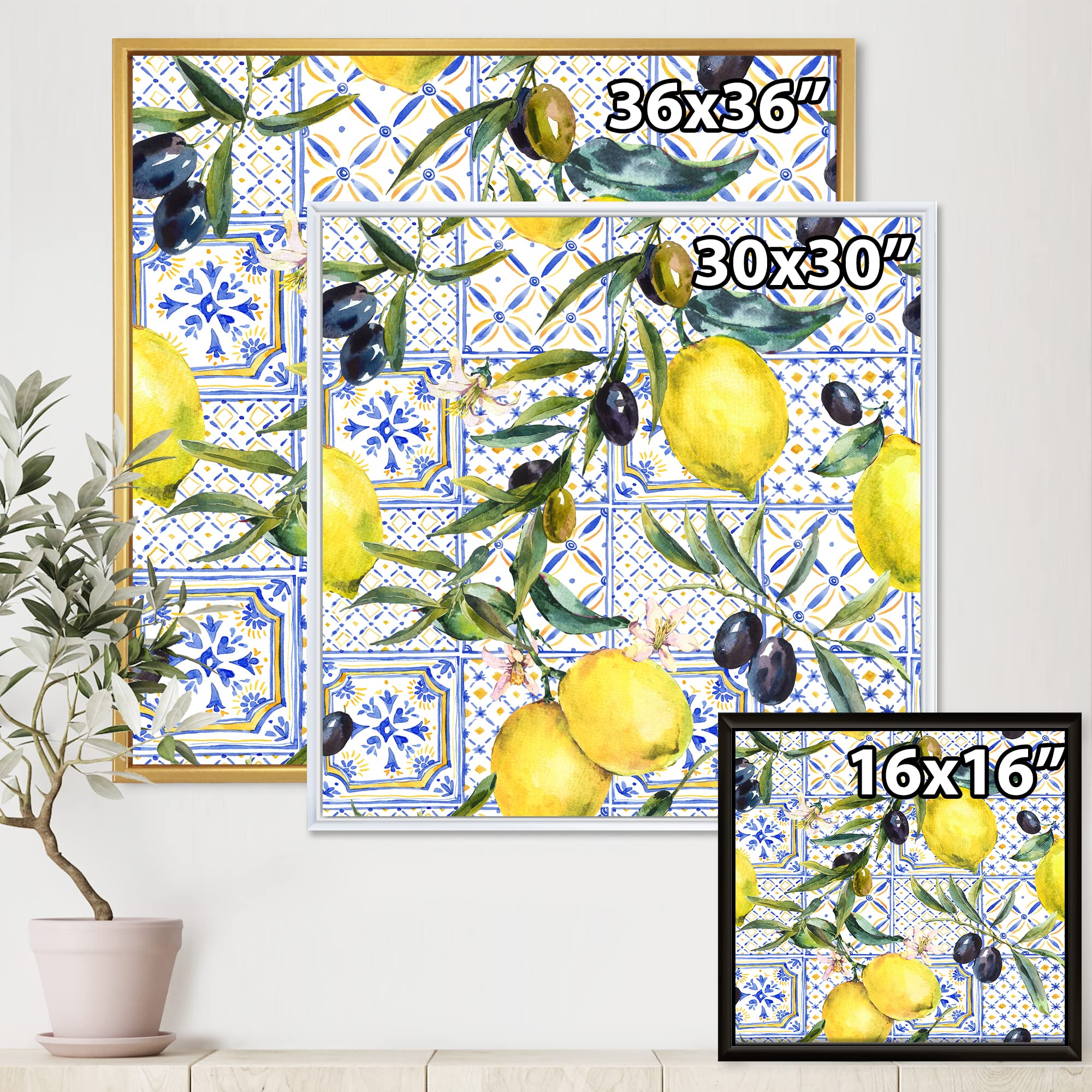 Lemon Ornament on Blue Geometric Pattern III - Tropical Framed Canvas Wall Art Print for Home Decor, Kitchen, Living Room & Office