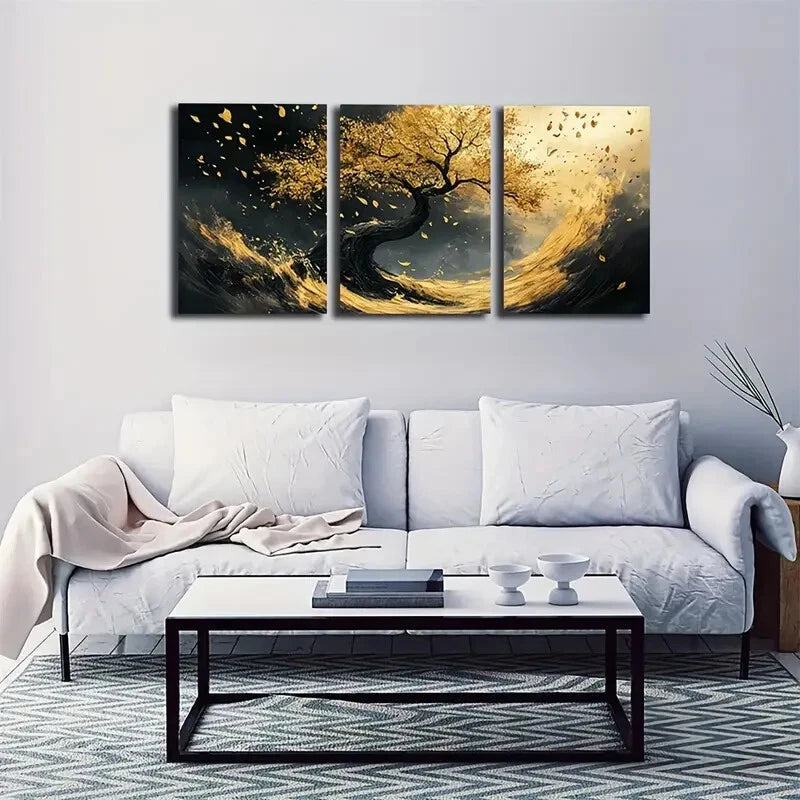 Noble Black and Golden Tree Wall Art Set - 3pc Framed Canvas 40x60cm | High Quality Print | 100% Australian Made | Ready to Hang | Perfect for Living Room, Bedroom & Office Decor