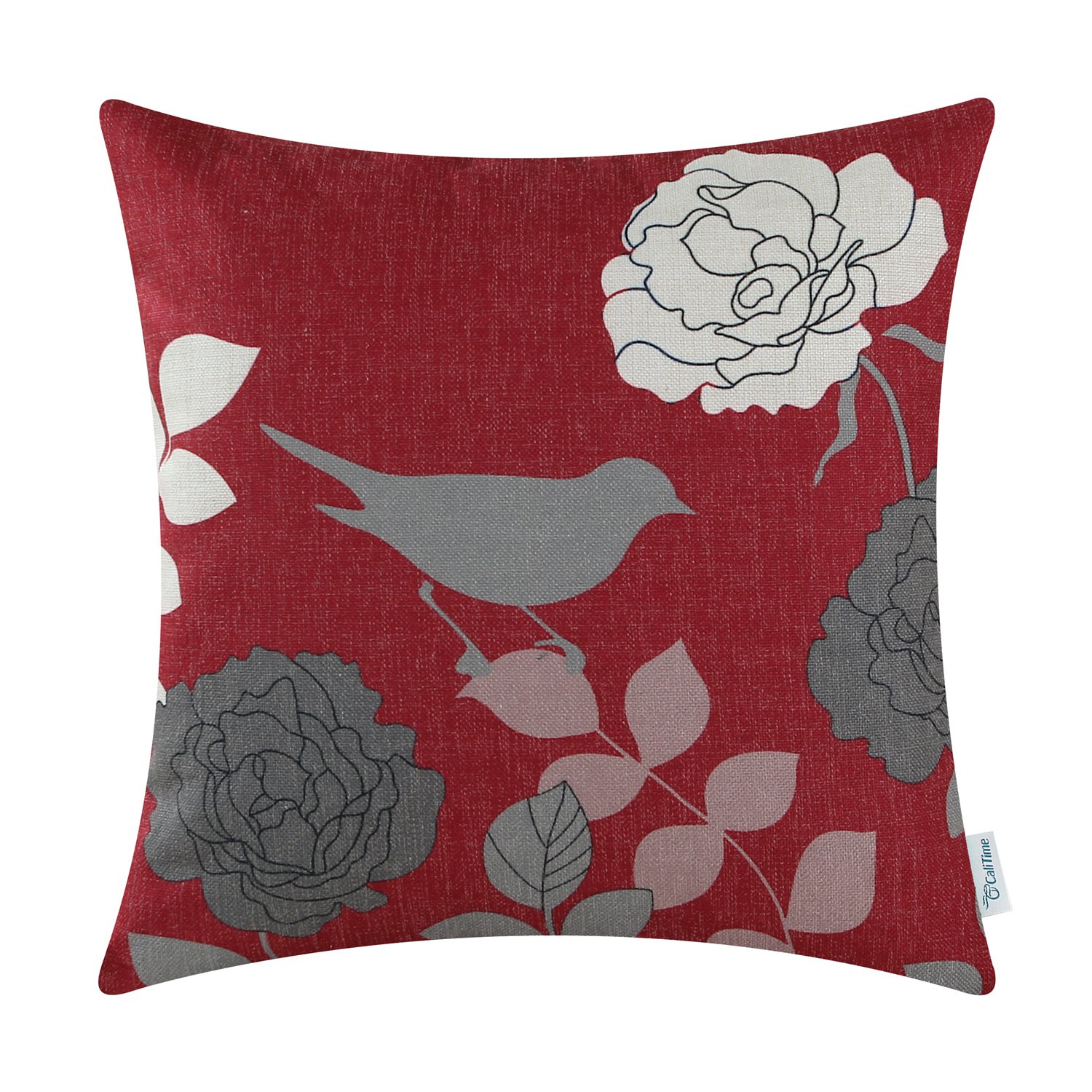 Calitime 20x20 Inch Canvas Throw Pillow Cover - Floral Cartoon Shadow Bird Silhouette Design for Couch, Sofa & Home Decor (Burgundy/Grey) | Cozy Living Room Accent, Bedroom Decoration & Gift Idea