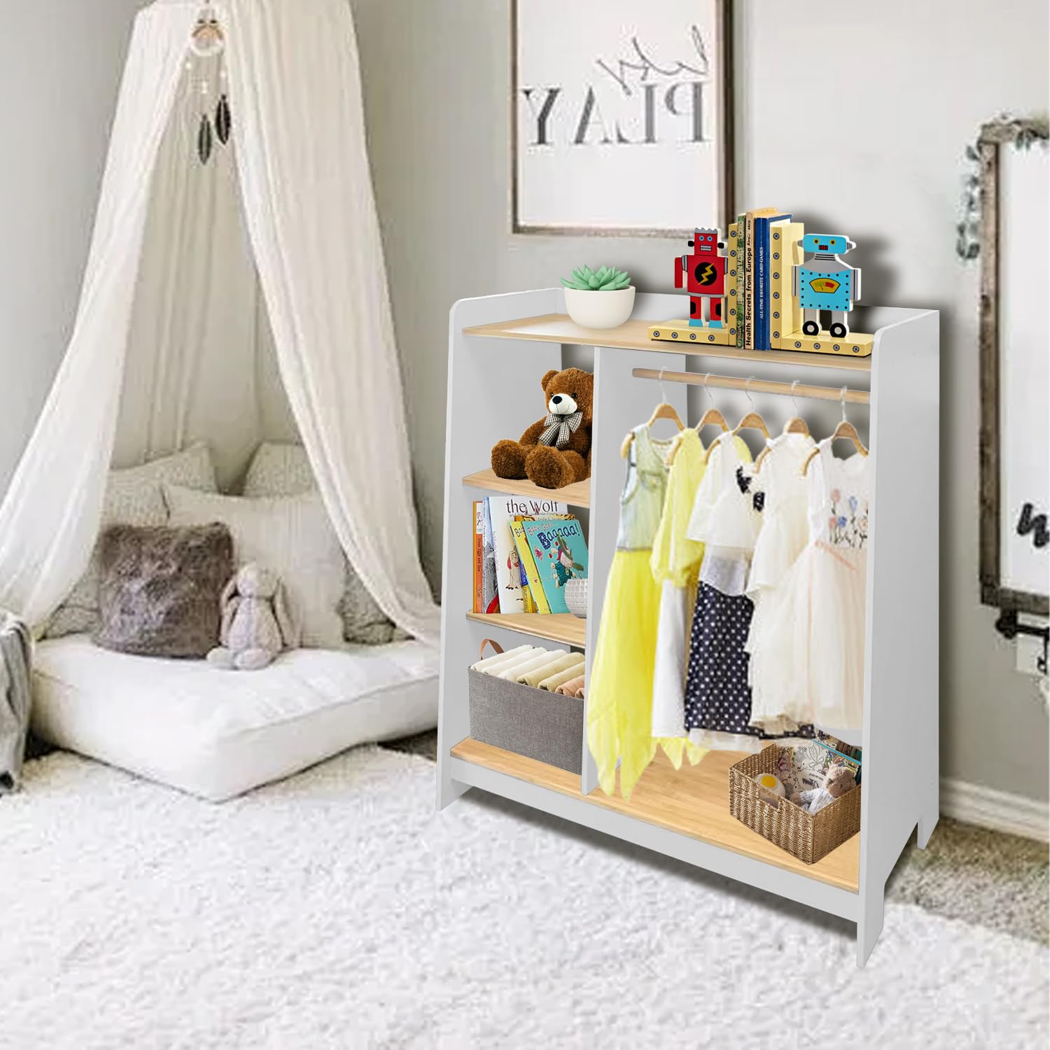Kids Wardrobe & Dresser Set - White Baby Clothes Organizer with Hanging Armoire & Toddler Dress Up Rack | Nursery Storage Solution for Girls' Bedroom | Space-Saving Kids Closet for Clothes, Toys & Accessories