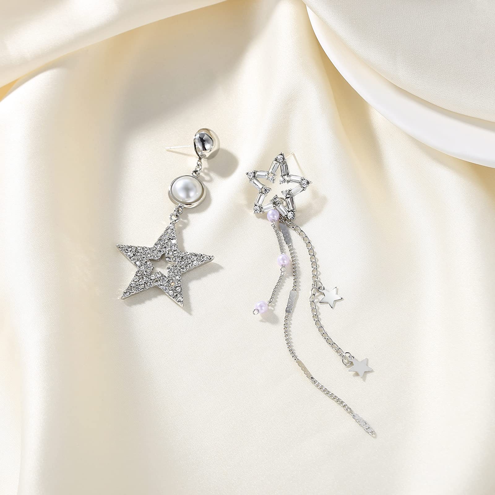 KONFEN Women's Star Asymmetrical Tassel Drop Earrings - Hypoallergenic Cubic Zirconia Dangle Earrings for Girls & Ladies - Mismatched Dangling Ear Jewelry Gift (Silver) | Perfect for Christmas, Parties, Date Nights & Special Occasions