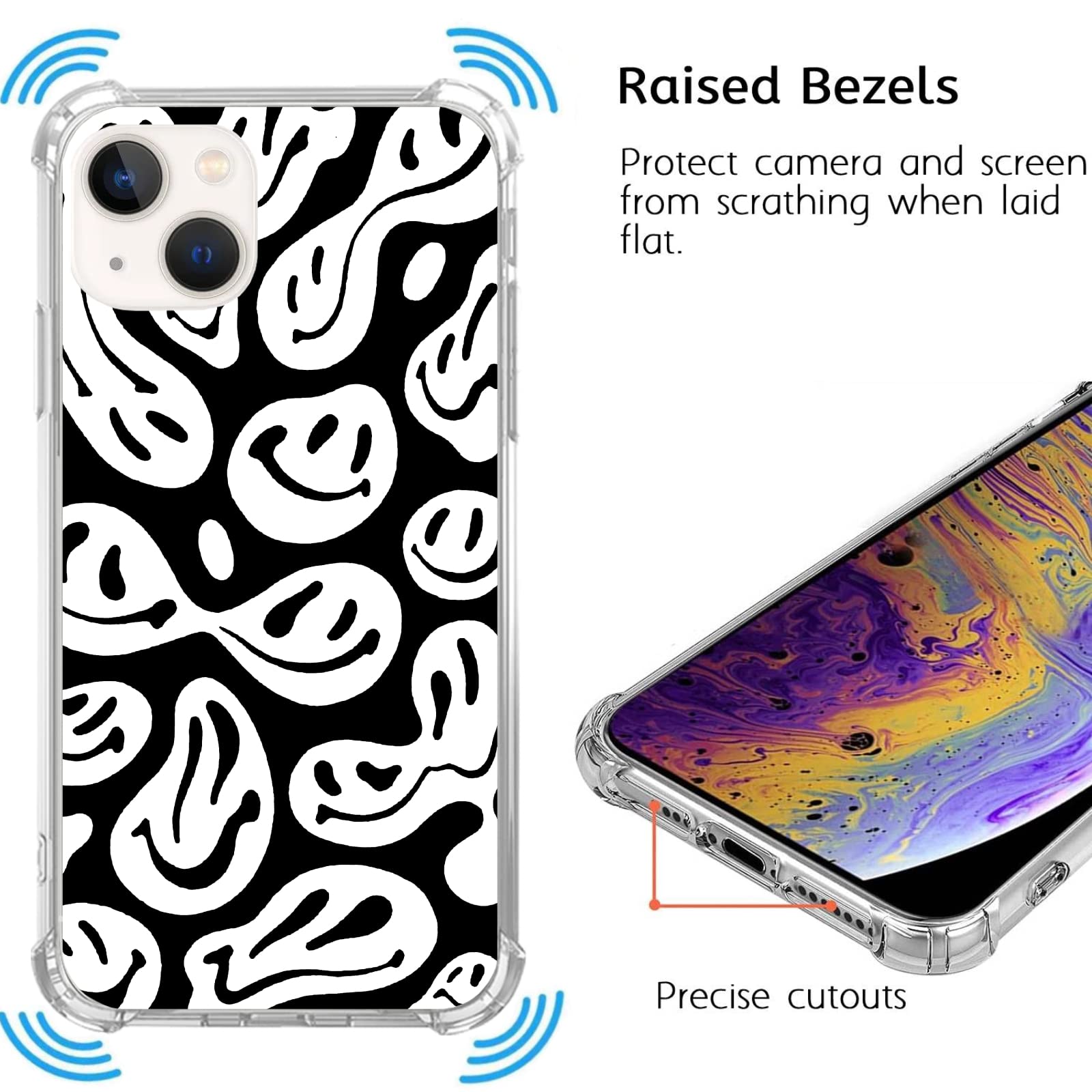 Trippy Aesthetic Black & White Smiley Face iPhone 13 Case - Trendy Melting Design TPU Bumper Cover for Women, Men, Girls & Boys - Perfect for Daily Use, Parties & Unique Fashion Statements