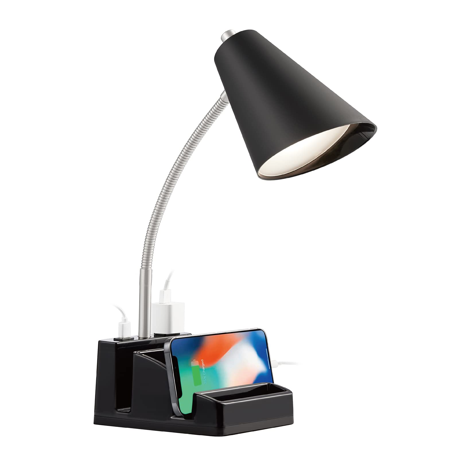 LED Desk Lamp with USB Charging Port & AC Outlet - Adjustable Modern Office Lamp with Organizer Base, Eye-Caring Warm White Light for Reading, Working, Studying - Perfect for Home Office, Dorm Room & Nightstand Use