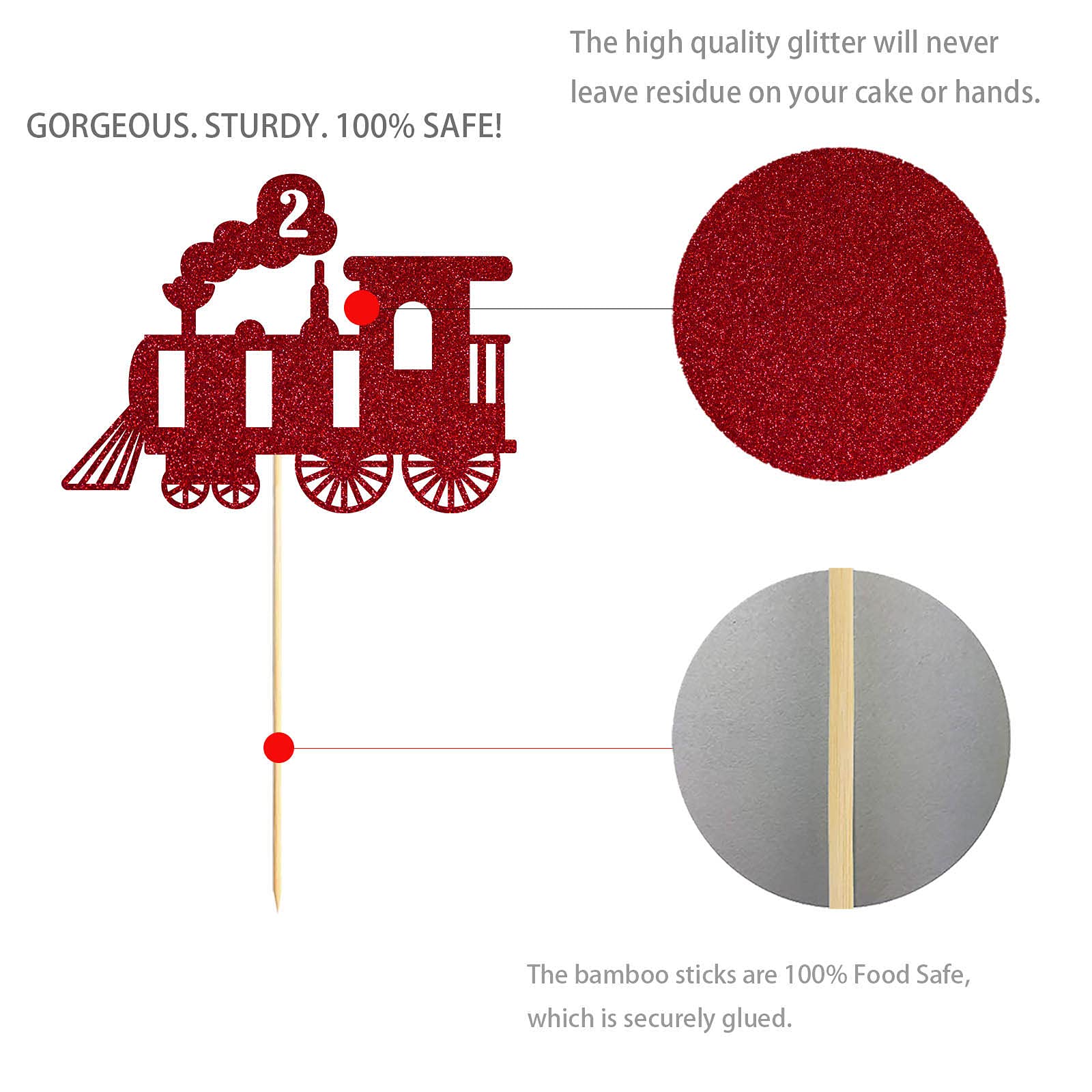 Red Train 2nd Birthday Cake Topper - Sparkling Red Glitter Boy & Girl Cake Decor for 2 Year Old Birthday Party | Perfect for Train-Themed Celebrations, Baby Showers & First Birthday Cakes