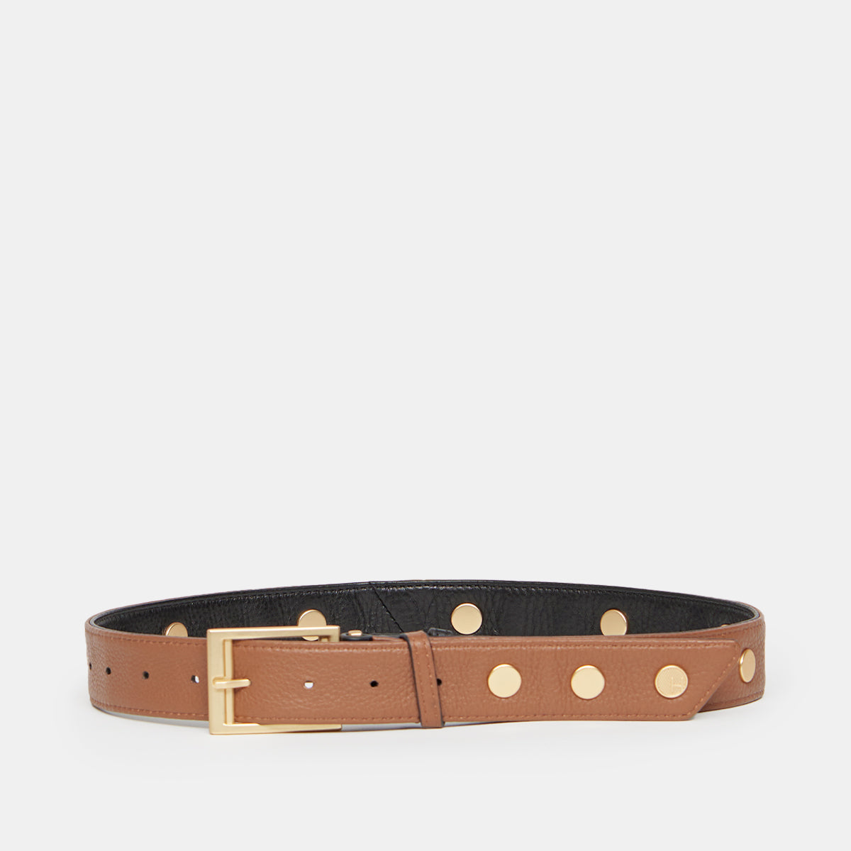 Charlie Rev Riveted Leather Belt | Black/Mahogany Pebble Grain & Brushed Gold Buckle | Medium Size | Perfect for Business Casual & Formal Outfits