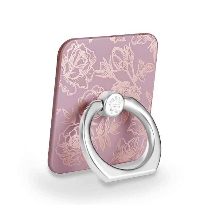 Dusty Rose Chrome Floral Phone Ring Holder - Grip Stand for iPhone, Samsung & Smartphones - Perfect for Selfies, Videos & Hands-Free Use