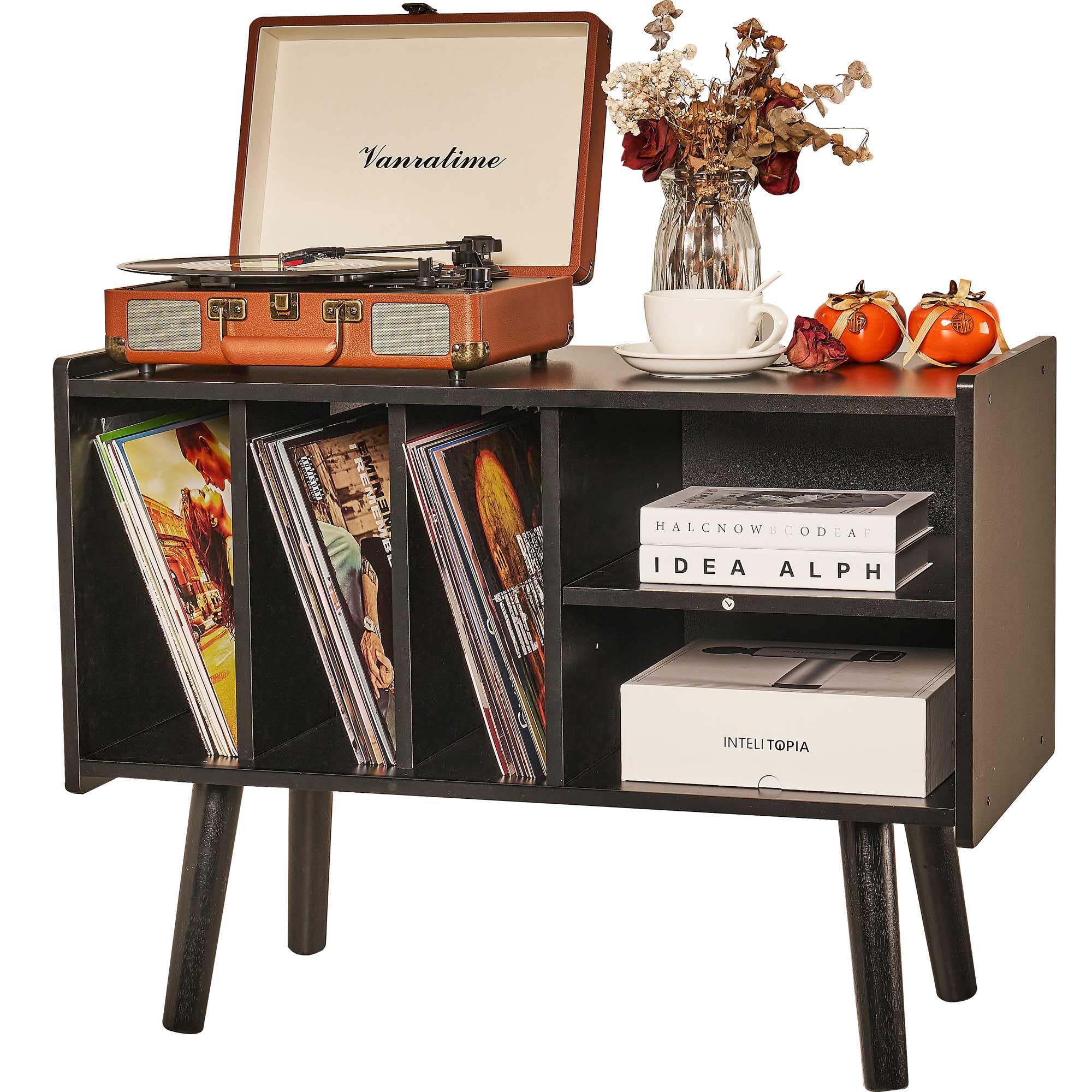Vintage Wood Record Player Stand with Vinyl Storage - Holds 300lbs, Mid Century Modern Turntable Cabinet for LP Album Storage - Perfect for Living Room, Bedroom & Home Theater Setup (Black)