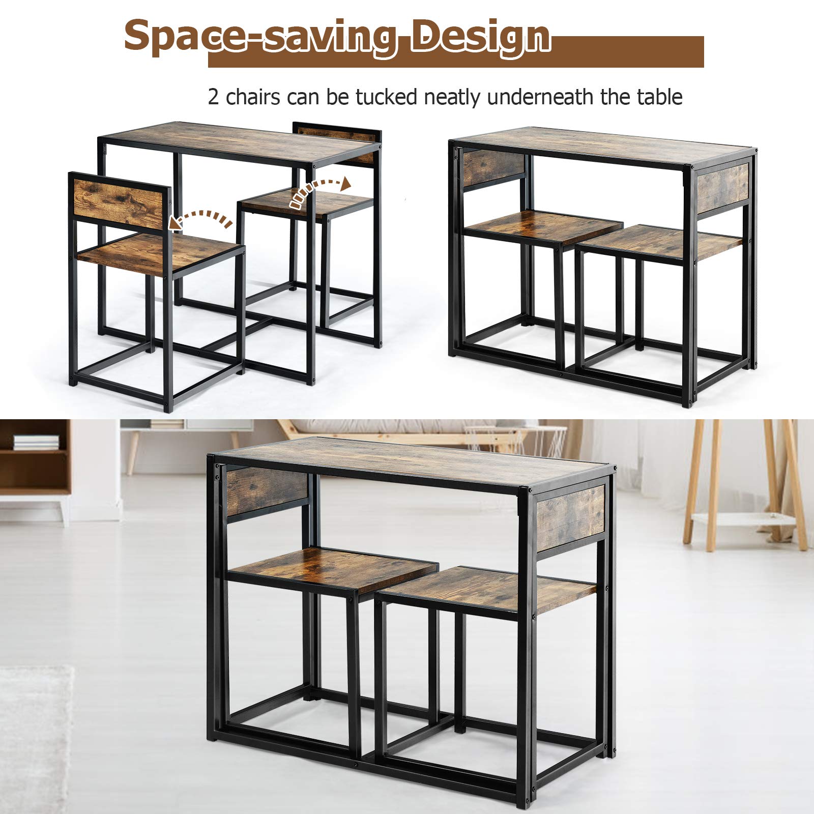 Giantex 3-Piece Industrial Dining Set - Small Kitchen Table with 2 Metal Chairs, Compact Bistro Pub Breakfast Table for Apartments & Small Spaces (Antique Finish) - Perfect for Studio Apartments, Tiny Homes & Cozy Breakfast Nooks