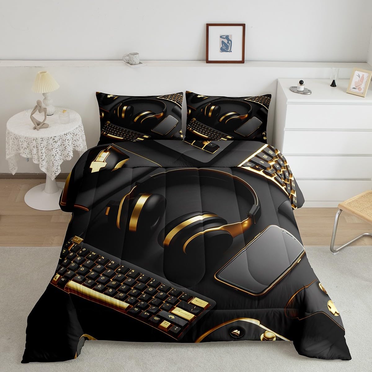 Erosebridal Boys Gaming Bedding Set Full Size - Cool Gamer Comforter Set for Teen & Toddler Boys, Golden Design - Perfect for Gaming Rooms, Sleepovers & Kids Bedrooms