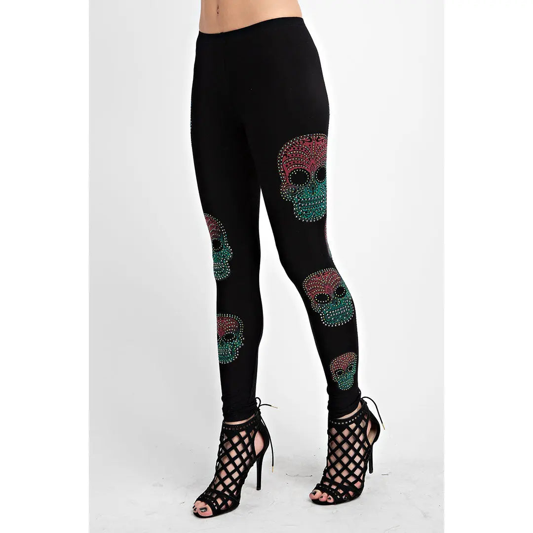 Vocal Women's Sugar Skull Leggings - Gothic Halloween Yoga Pants for Women, Day of the Dead Print Tights - Perfect for Costume Parties, Workouts & Festive Occasions