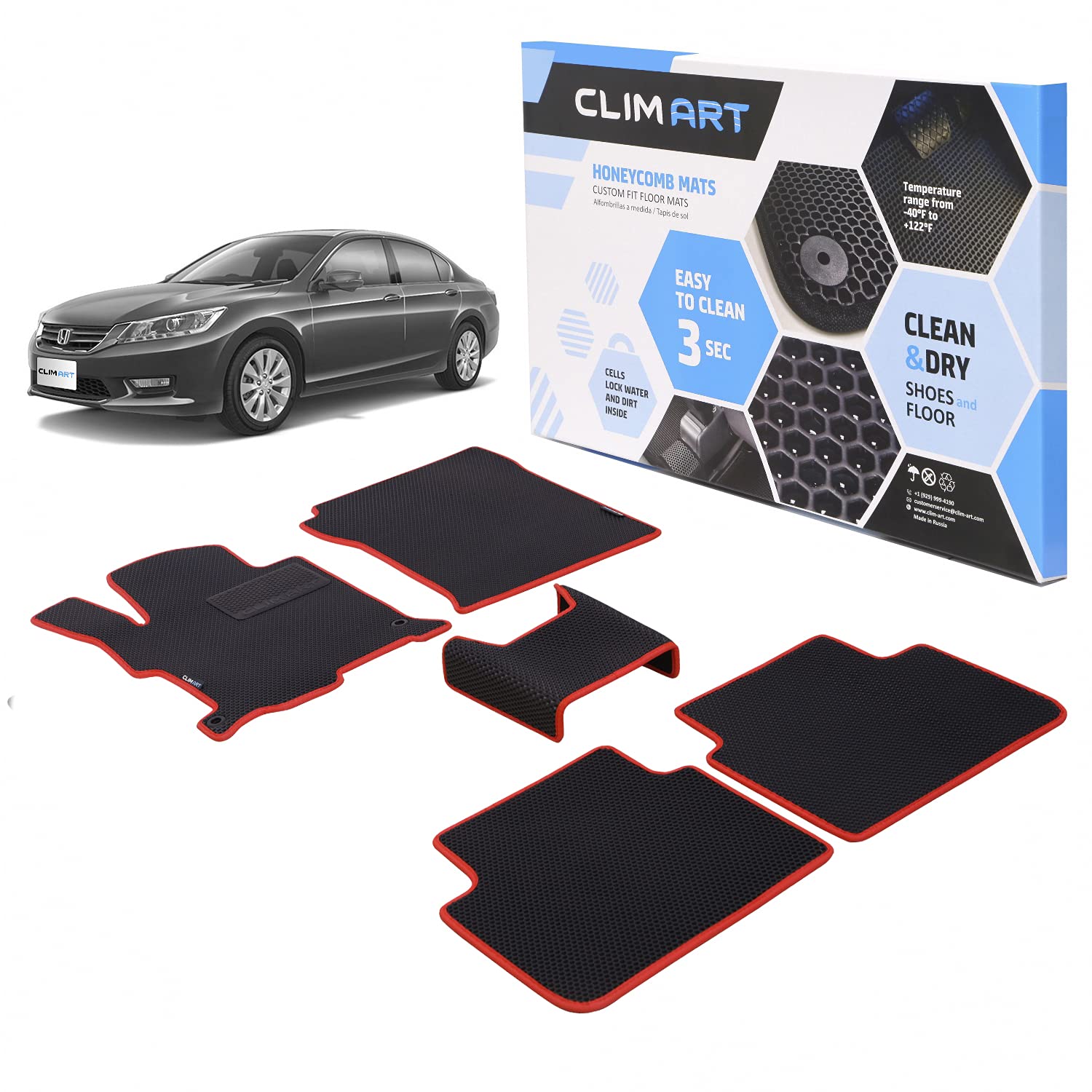 Honeycomb Custom Fit All-Weather Floor Mats for Honda Accord 2013-2017 Sedan - 1st & 2nd Row Car Floor Liners - Black/Red Car Accessories for Men & Women - Perfect for Daily Commute, Road Trips and Winter Protection (FL051513143)