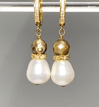 Gold Laser Faceted Pearl Earrings for Women - Elegant Dangle Drop Earrings for Party, Wedding & Special Occasions