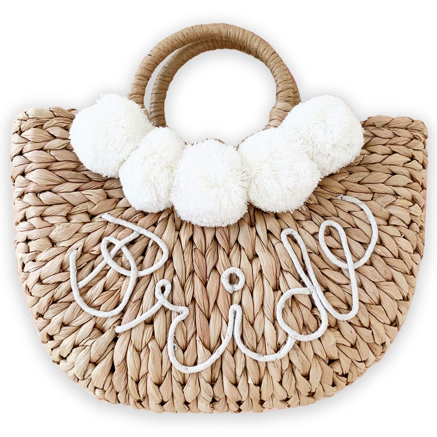 ModParty Handmade Straw Purse for Bride | Elegant Wedding & Honeymoon Accessory | Summer Beach Tote Bag with Pom Poms | Perfect Bridal Shower Gift & Bachelorette Party Essential | Ideal for Beach Weddings, Honeymoon Travel & Summer Outfits