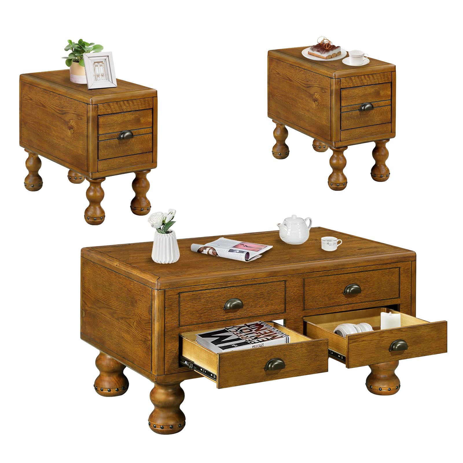 Vintage 3-Piece Solid Wood Coffee Table Set - Distressed Rustic Brown Living Room Tables with Rivet Decorated Legs, Includes Coffee Table & 2 Side Tables - Perfect for Farmhouse, Cottage & Industrial Style Home Decor