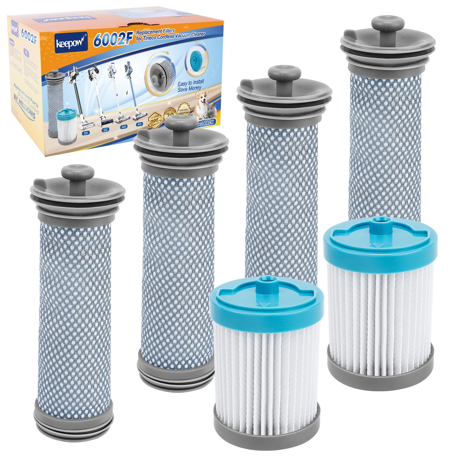 Keepow A10 Vacuum Filter Replacement (4 Pre-Filters + 2 Post-Filters) - Compatible with Tineco A10, A11 Hero, A10/A11 Master, Pure One S11, S12 & X Cordless Vacuums - Perfect for Pet Hair, Dust & Allergen Removal in Home Cleaning