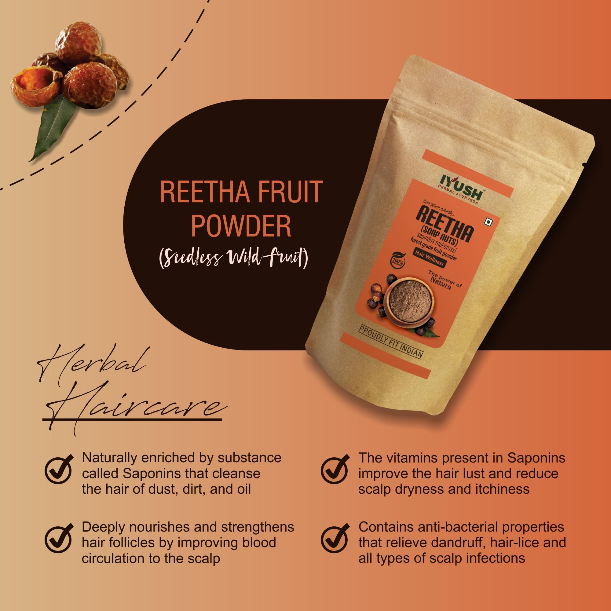 Organic IYUSH Ayurvedic Reetha Powder for Hair Growth & Scalp Care - 400g | Natural Soapnut Powder for Hair Wash | Herbal Shampoo Alternative | Promotes Thicker, Stronger Hair | Perfect for DIY Hair Masks, Scalp Treatments & Natural Cleansing Routines