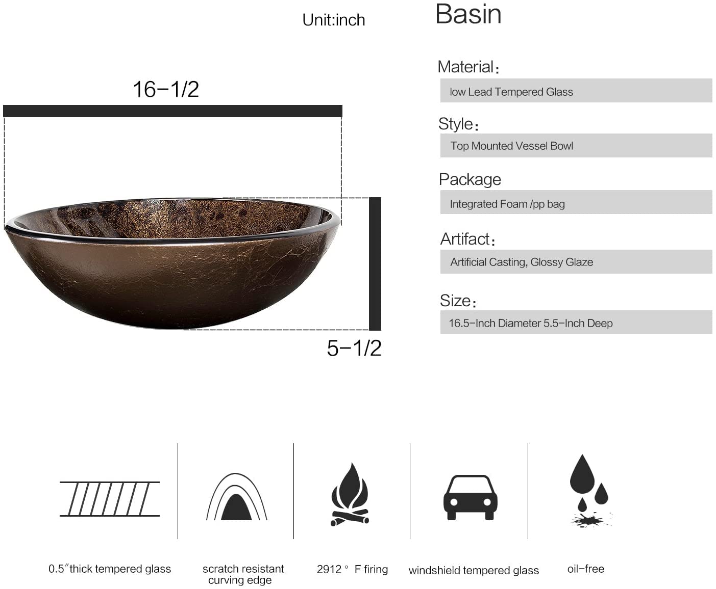 YOURLITE 16.5 Inch Modern Tempered Glass Bathroom Vessel Sink with Oil Rubbed Bronze Faucet & Pop Up Drain - Elegant Above Counter Wash Basin for Vanity, Powder Room, and Luxury Home Decor