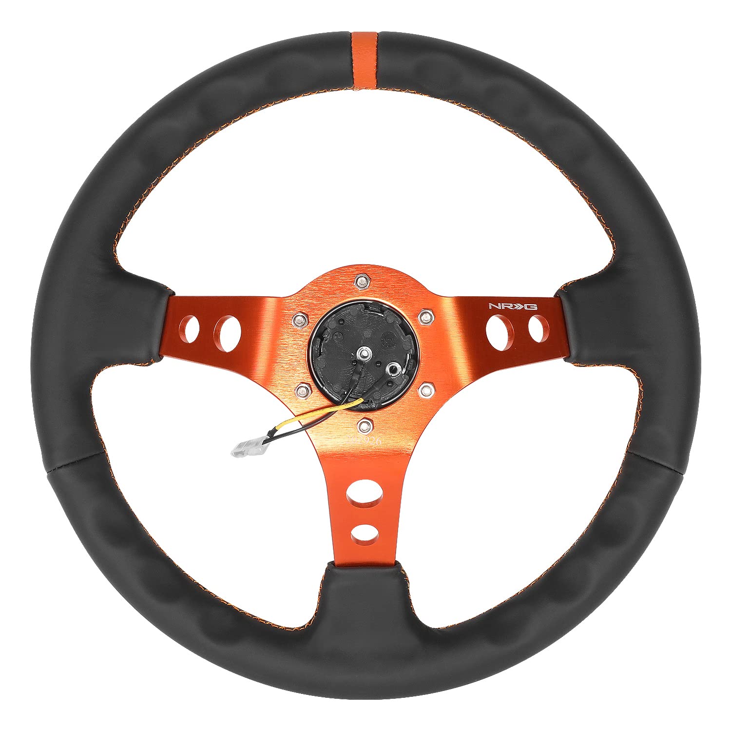 NRG Innovations RST-006OR 3-Spoke Racing Steering Wheel with Cutout Holes - Black Leather & Orange Stitching - 6X70mm Bolt Pattern - Includes Horn Button - Perfect for Drifting, Track Racing & Car Enthusiasts