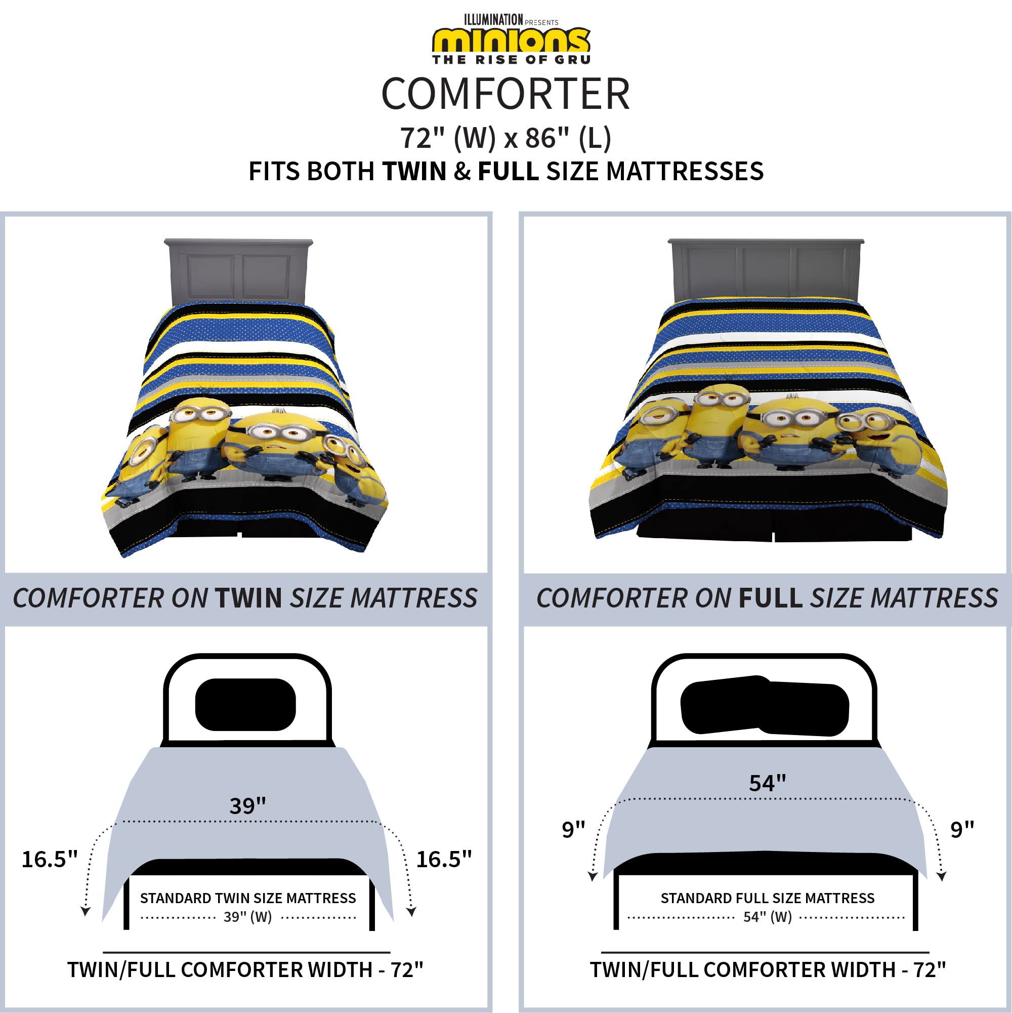 Franco Kids Bedding Super Soft Microfiber Reversible Comforter Set - Twin/Full Size - Minions The Rise of Gru Design - Perfect for Kids' Bedrooms, Sleepovers & Cozy Movie Nights