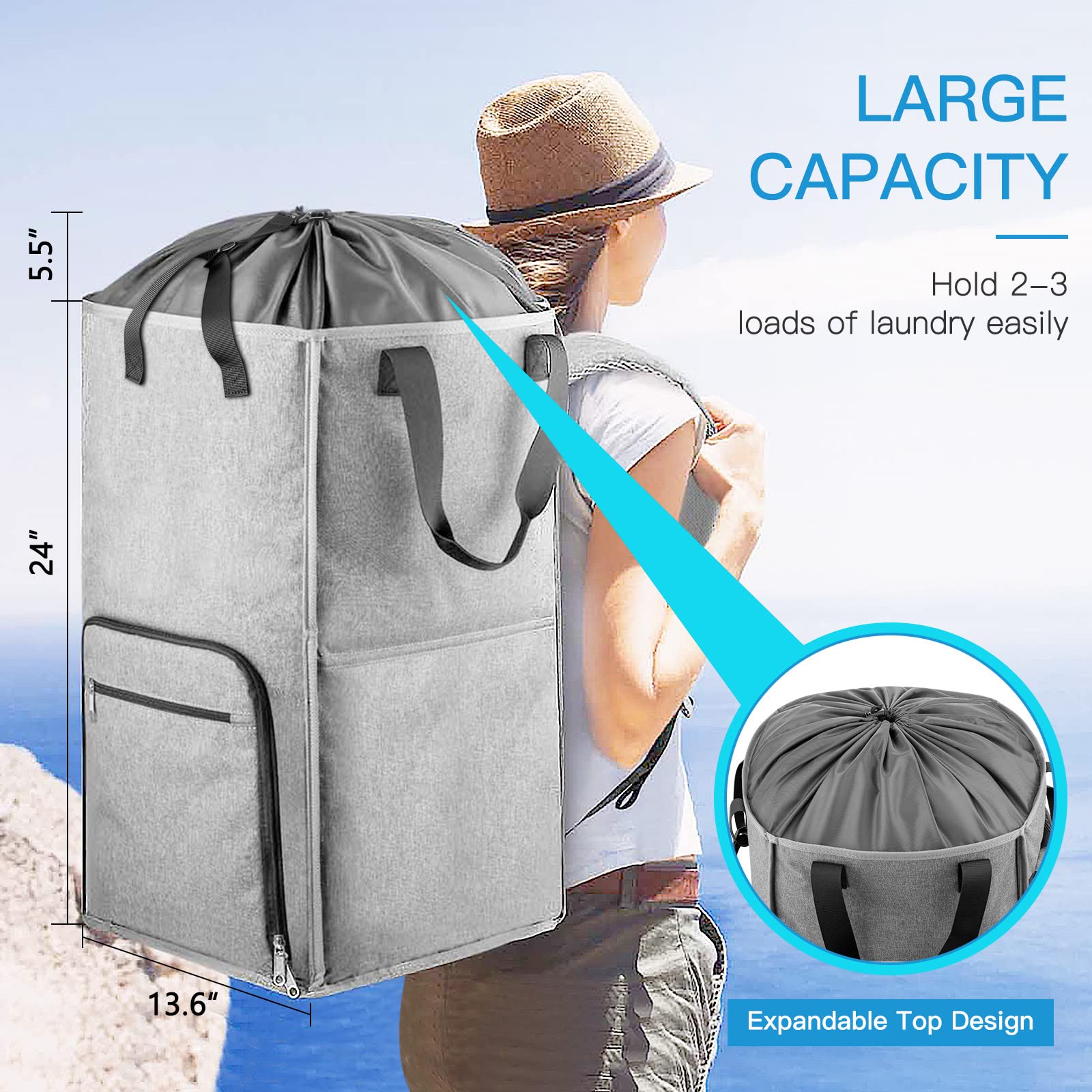 Bukere Extra Large 2-in-1 Laundry Backpack & Hamper Basket - Adjustable Shoulder Straps for College Dorm, Apartment & Travel - Freestanding Laundry Bag for Laundromat, Camping & Gym Use