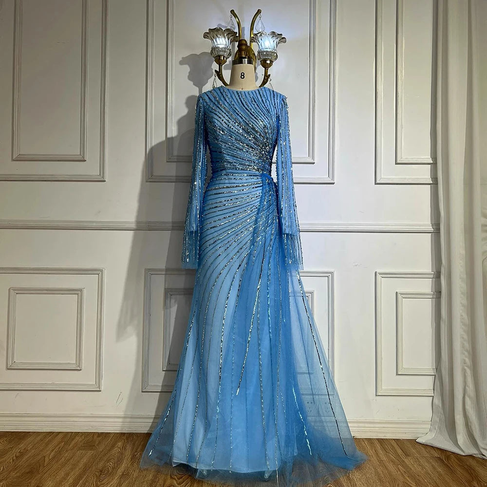 Luxury Dubai Arabic Elegant Blue Beaded Saudi Evening Gown for Women - Formal Occasion Abaya Dress LA72822 | Perfect for Weddings, Galas & Special Events