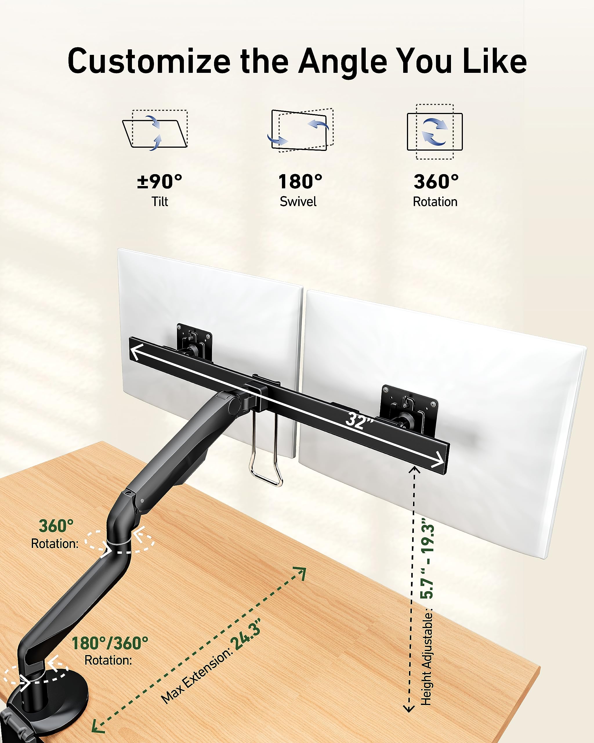 ErgoUnion Heavy Duty Dual Monitor Stand - Adjustable Desk Mount for 34