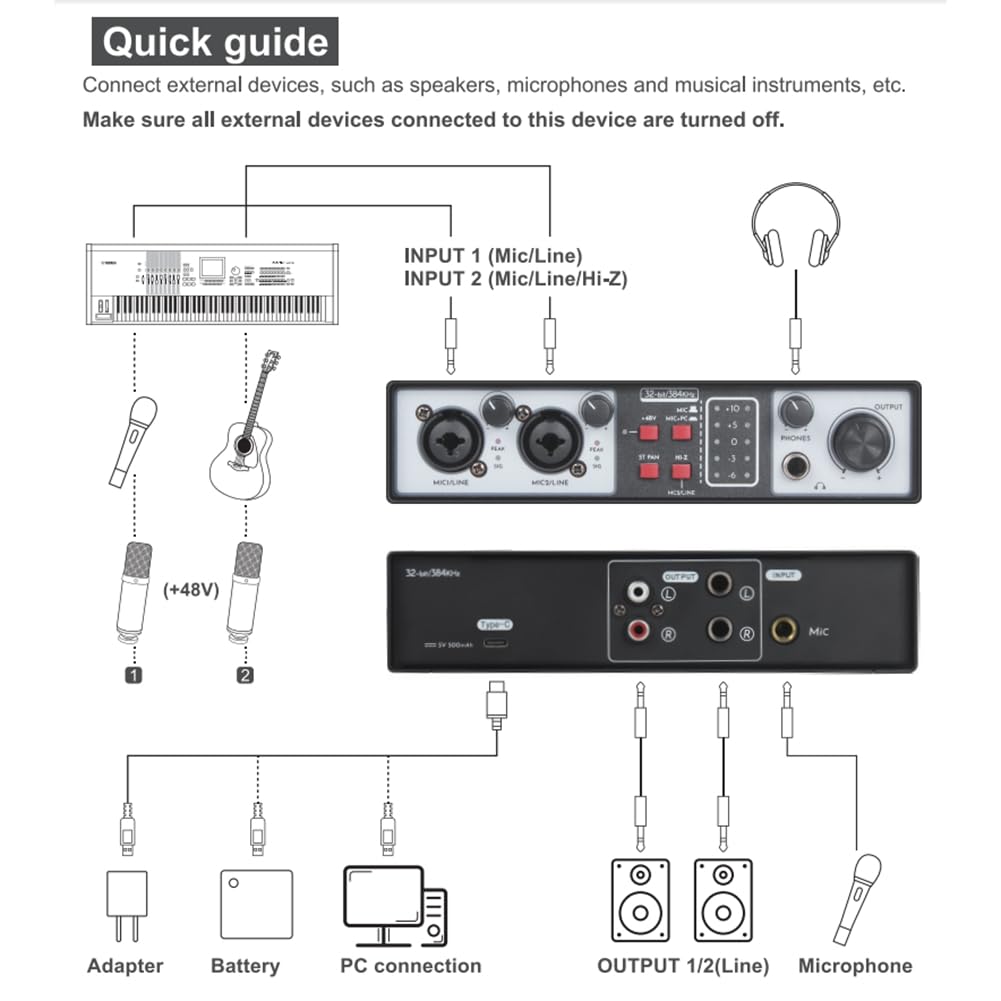 HUPYOMLER 2 in 2 Out USB Audio Interface - 32Bit/384KHZ Professional Sound Card with 48V Phantom Power for Home Studio Recording, Podcasting & Music Production
