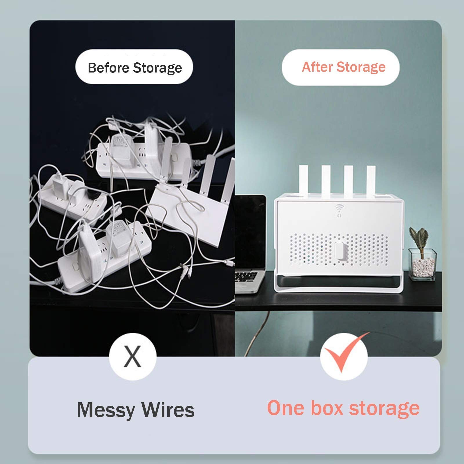 Router Storage Box & Cable Management Organizer - White Double-Layer Hollow Desktop Organizer with Heat Dissipation for Wires, Cables, Set-top Box | Perfect for Home Office, Gaming Setup & TV Stand Organization