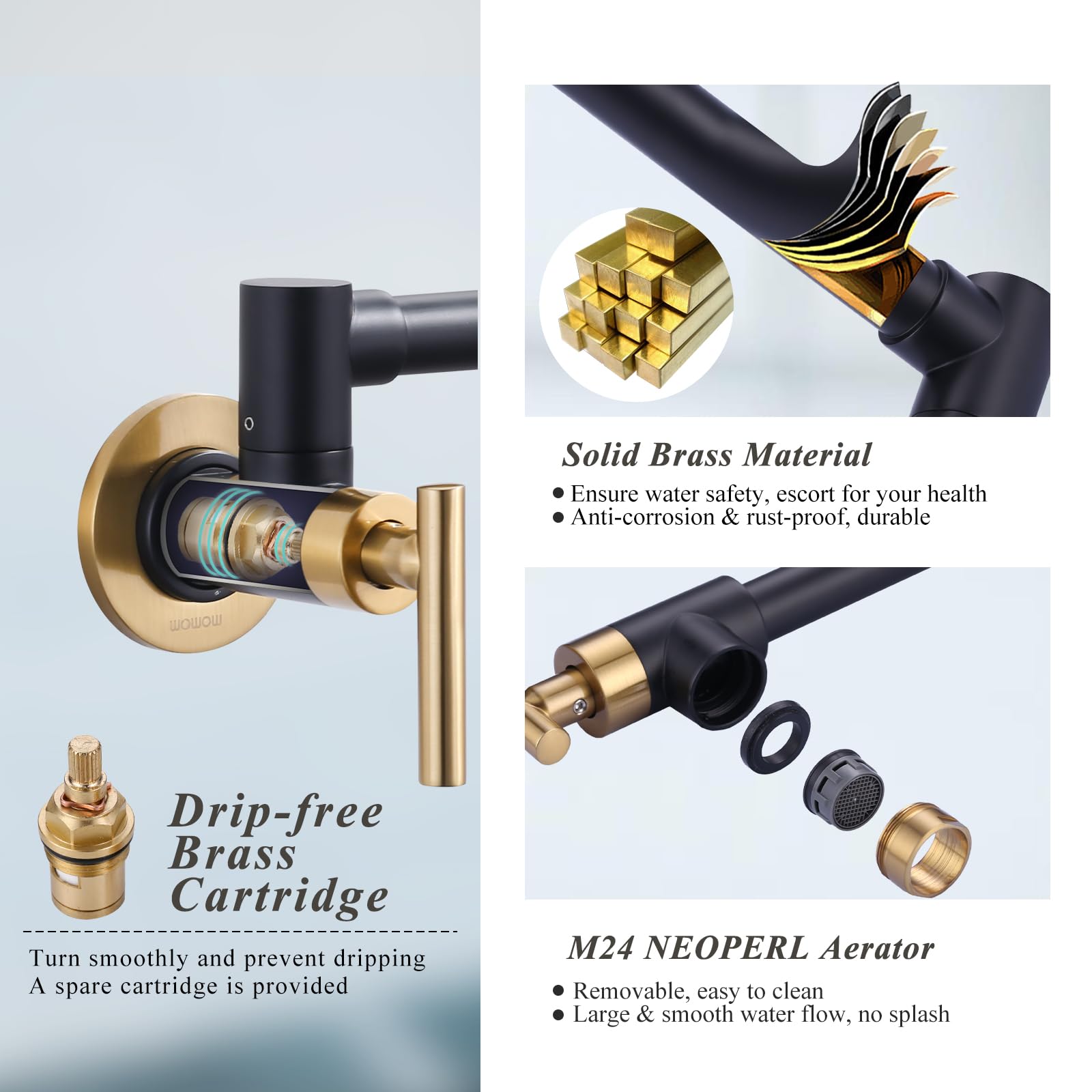 Premium Solid Brass Wall Mount Pot Filler Faucet - Black & Gold Commercial Kitchen Faucet with Stretchable Double Joint Swing Arm for Stove & Sink - Ideal for Restaurants, Home Kitchens & Cooking Enthusiasts