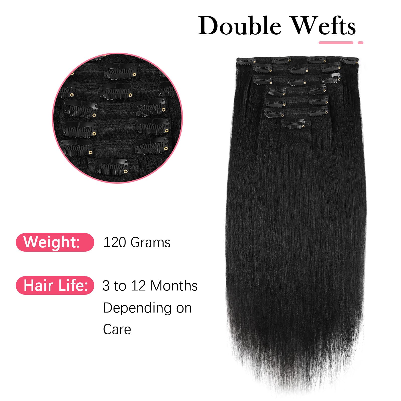 Sassina 22 Inch Yaki Clip-in Human Hair Extensions - Double Weft Remy Straight Hair for Black Women - 7 Pieces with 17 Clips (120g, Jet Black #1) - Perfect for Daily Styling, Parties & Special Occasions