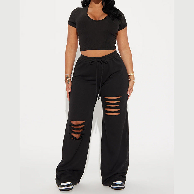 Women's Round Neck T-Shirt & Distressed Ripped Jeans 2-Piece Outfit Set - Casual Streetwear for Everyday Wear, Dating & Shopping