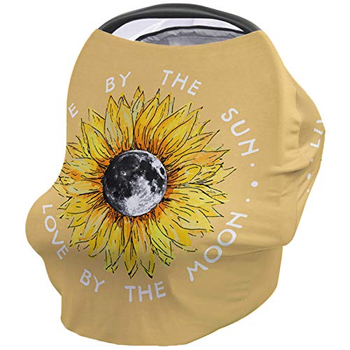 Sunflower Moon Car Seat Canopy Cover - 26x27.6 Inch Baby Nursing Cover | Stretchy Breathable Fabric for Infant Stroller & Shopping Cart | Yellow Floral Design - Perfect for Outdoor Walks, Shopping Trips & Nursery Decor