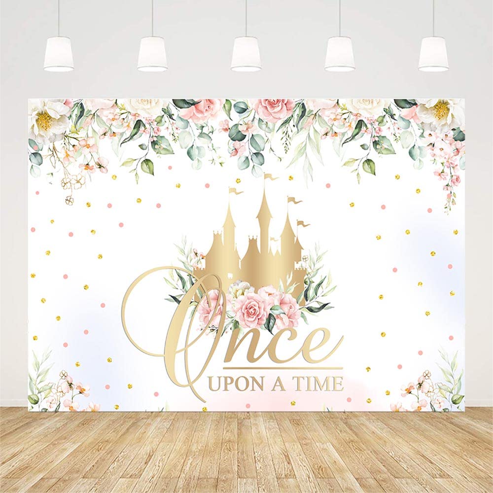 Sendy 7x5ft Once Upon a Time Backdrop - Fairy Tale Book Themed Birthday Party Decor, Princess Floral Castle Photography Background for Baby Showers, Cake Tables & Photo Props (Pink & Gold) - Perfect for Girls' Birthday Parties, Baby Showers & Themed Photoshoots