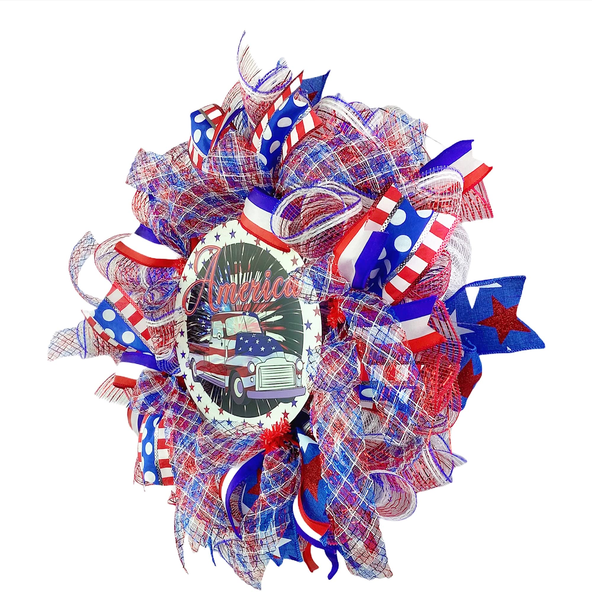 Patriotic Red White and Blue Truck Wreath for Front Door - Independence Day & July 4th Outdoor Decor - Perfect for Porch, House Entryway & Patriotic Holiday Celebrations
