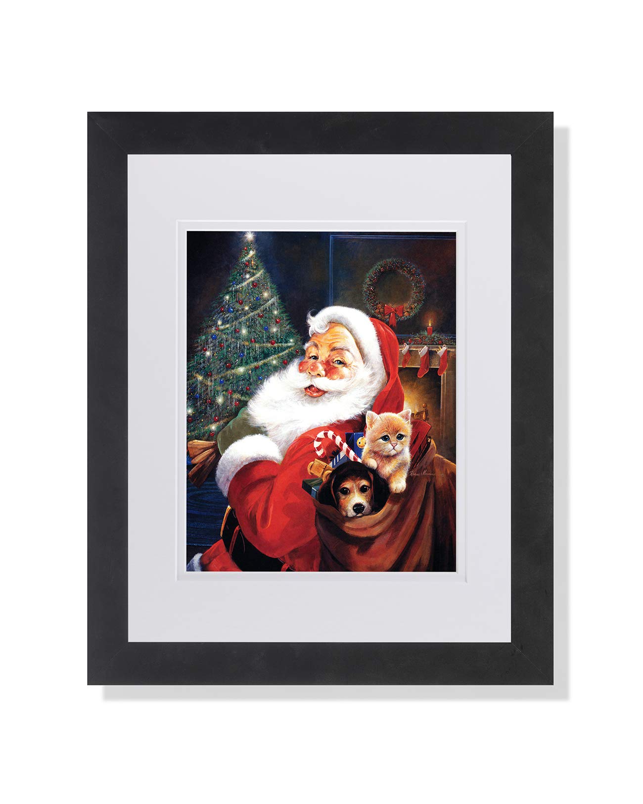 Santa Claus St. Nick Christmas Toy Bag Dog Cat Wall Art Print - Framed & Matted Holiday Decor for Living Room, Bedroom & Office
