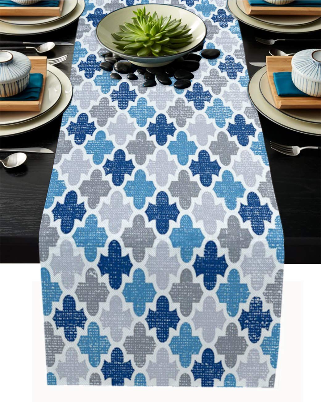 Vintage Plaid Heat-Resistant Cotton Table Runner 36 Inches - Blue Grey Moroccan Tile Design for Wedding, Dining Room, Party & Holiday Decor | Perfect for Farmhouse, Rustic & Boho Home Decor