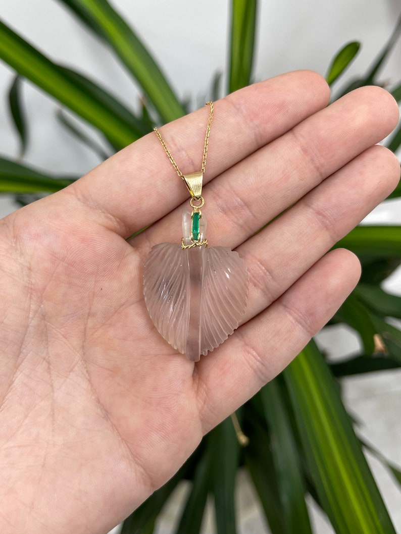 Exquisite 18K Gold Pendant with Hand-Carved Natural Quartz Leaf & Genuine Colombian Emerald Accent - Perfect for Elegant Evening Wear, Special Occasions & Luxury Jewelry Collections