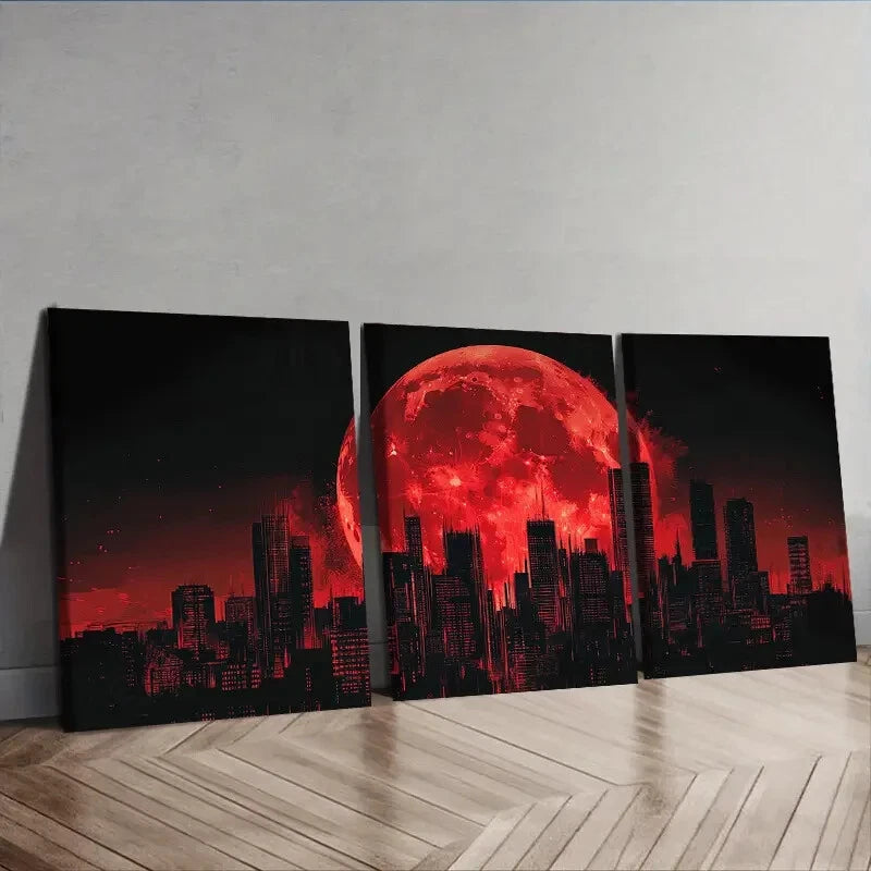 3-Piece Big Red Moon Over Cityscape Wall Art Set - Framed Canvas 40x60cm (16x24in) - High Quality Print - Australian Made - Ready to Hang - Perfect for Living Room, Bedroom & Office Decor