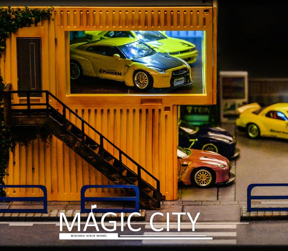 1:64 Scale Rocket Bunny Exhibition Hall Diorama - Magic City Collectible Model Car Display for Diecast Enthusiasts | Perfect for Showcase, Photography & Anime Car Collection Displays