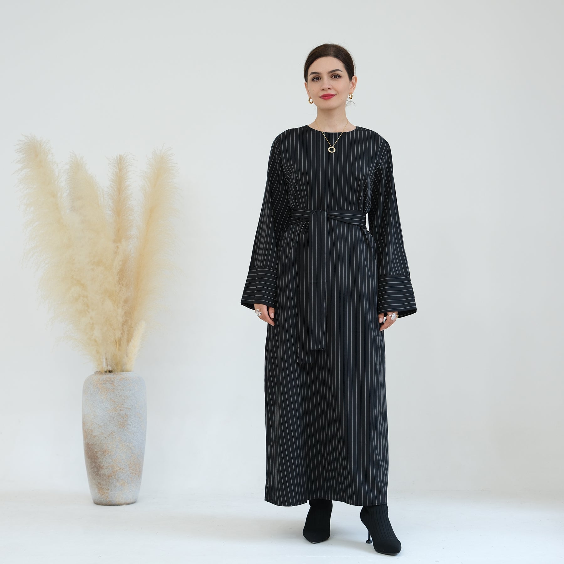 Janine Stripe Long Sleeve Belted Maxi Dress for Women - Elegant Black Flowy Dress for Parties, Weddings & Special Occasions