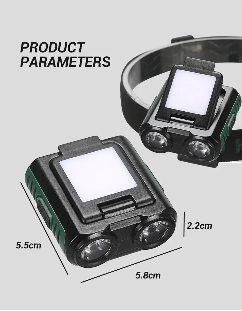 USB Rechargeable COB LED Headlamp - Adjustable Head Flashlight with Built-in Battery for Fishing, Camping, Hiking & Outdoor Activities | Hands-Free Lighting for Night Work, Running & Emergency Use