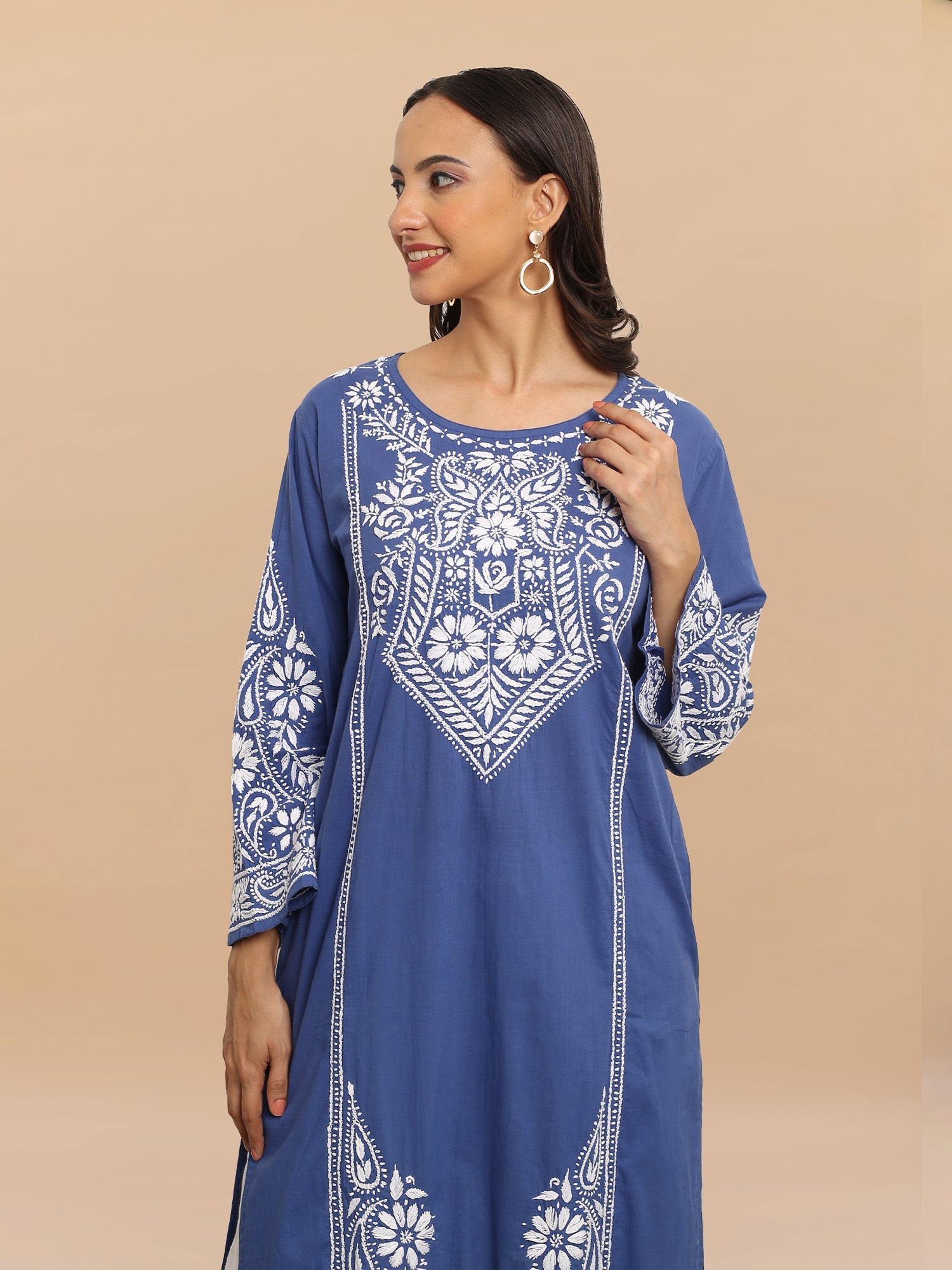 Muskaan Saba Chikankari Long Kurti - Blue Cambric Cotton Kurti for Women | Elegant Indian Ethnic Wear for Parties & Festivals