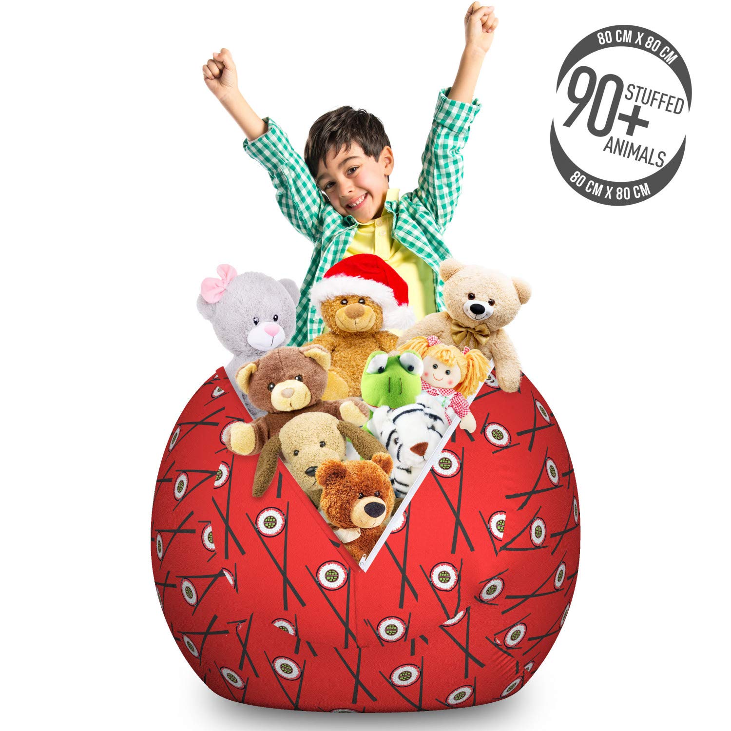 Ambesonne Sushi-Themed Storage Toy Bag Chair - Large Washable Stuffed Animal Organizer with Maki Rolls & Chopsticks Design - Charcoal Grey & Vermilion - Perfect for Kids' Room, Playroom, and Toy Organization