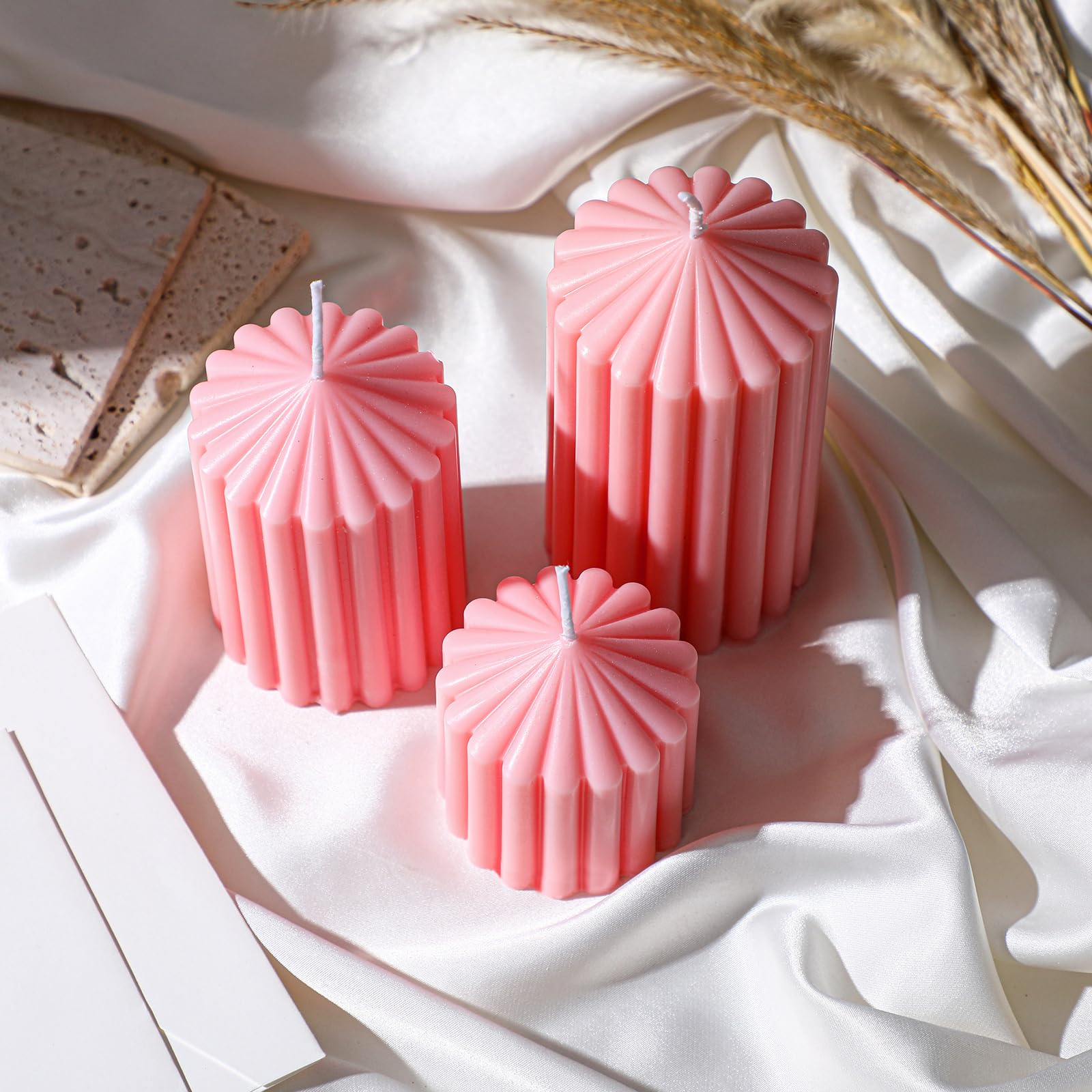 Soy Wax Ribbed Pillar Candles Set of 3 - 2.8 to 5.1 Inches, Pink for Home Decor & Gifts