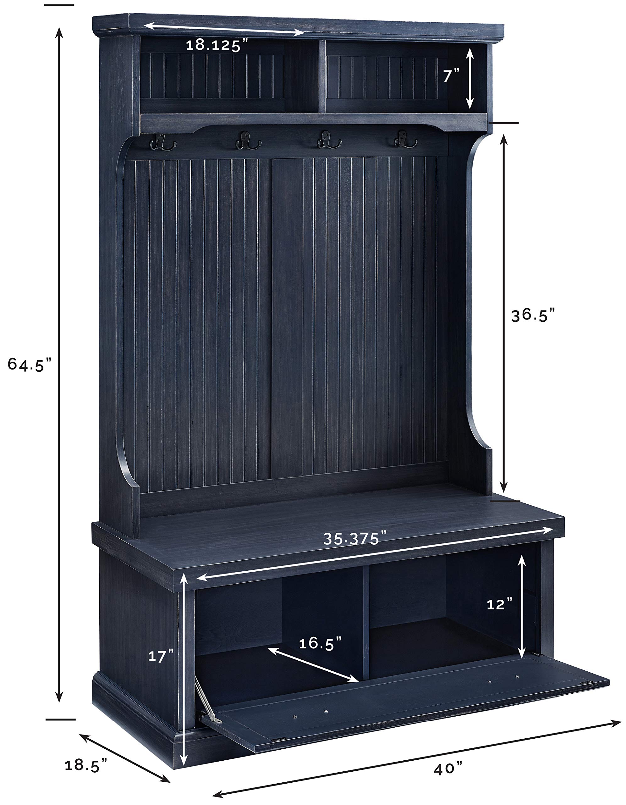 Crosley Furniture Seaside Hall Tree with Shoe Rack Bench & Coat Hooks - Entryway Storage Organizer with Distressed Navy Finish | Perfect for Small Spaces, Mudrooms, and Home Entry Organization
